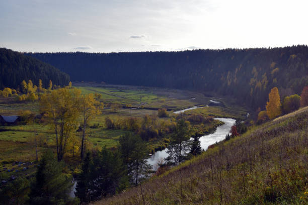 istock Irgina river and river valley surrounded by wooded mountains 1360665327
