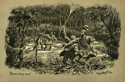 Vintage illustration Gamekeepers catching poachers hunting in a private wood, Victorian 19th Century. From, Poachers versus keepers, Victorian 1890s, 19th Century