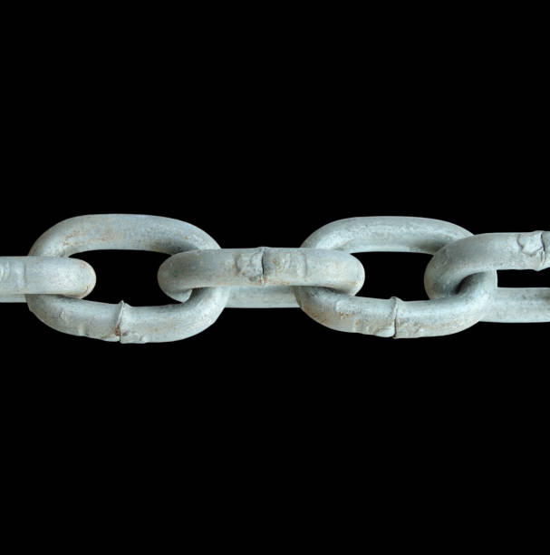 istock Silver thick metal chain. Close-up. Horizontal front side view. The isolated object on a black background. Isolate. 1360667858