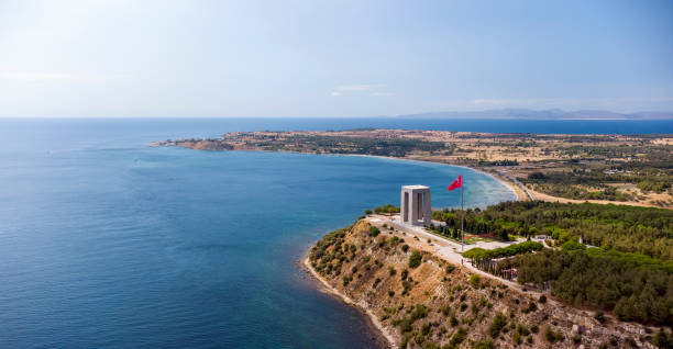 Gallipoli peninsula, where Canakkale land and sea battles took place during the first world war. Martyrs monument and Anzac Cove. Photo shoot with drone. Gallipoli peninsula, where Canakkale land and sea battles took place during the first world war. Martyrs monument and Anzac Cove. Photo shoot with drone. martyr stock pictures, royalty-free photos & images