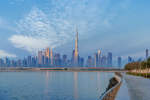 Dubai, December 01, 2021: Panoramic view of the Dubai skyline with Burj khalifa and other sky scrapers from Al Jadaf Waterfront Dubai