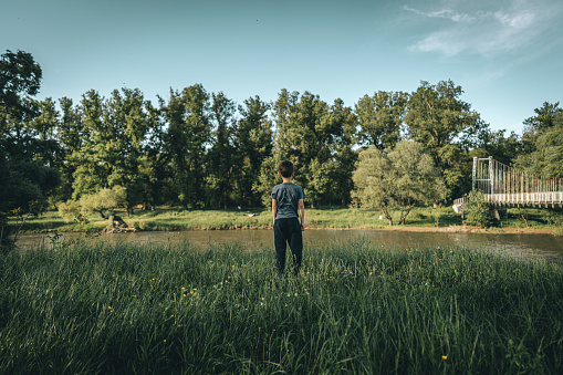 Back view of young boy while standing in grass field and looking river and forest