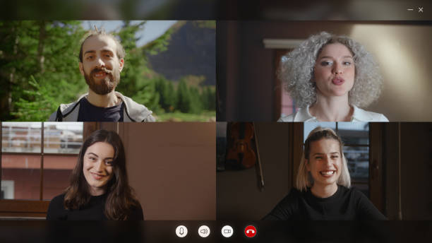 istock Group video call. Business, friends and education chat conference concept. Video call software interface 1360670058