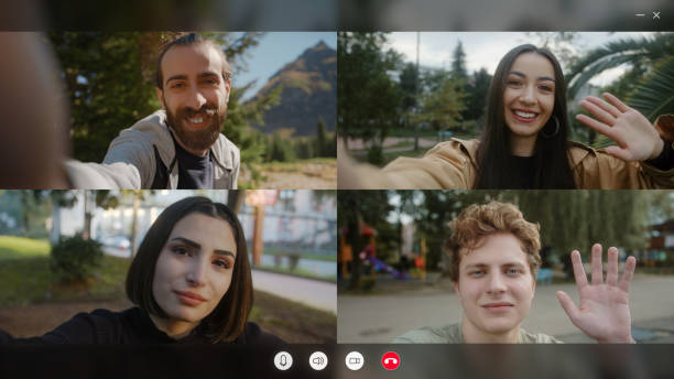 istock Group video call. Friends and education chat conference concept. Video call software interface 1360670973