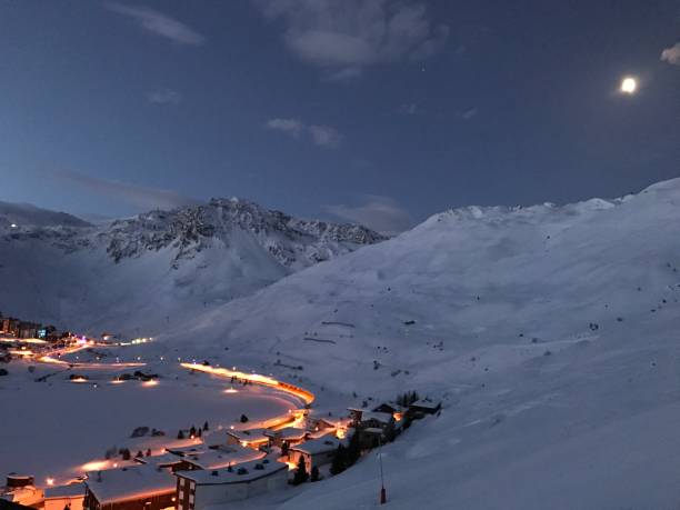 istock Tignes French Alps Moonlight Ski Snowboard Festive 1360671164