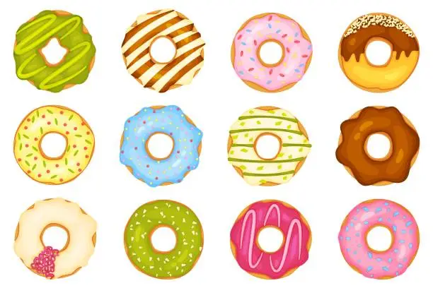 Vector illustration of Cartoon donuts with different toppings, delicious sweet desserts. Top view donut with chocolate glaze and sprinkles, doughnut pastry vector set