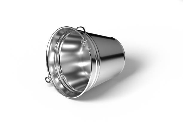 istock 3d render illustration empty metal bucket with handle isolated on white background. Realistic new grey metal bucket icon. Classic jar. 1360671273