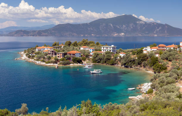 Picturesque coastline near Trikeri and Agia Kyriaki villages in Pelio, Greece. Trikeri lies at the westernmost point of the hook-like Pelion Peninsula on the Pagasetic Gulf. It also includes the offshore islands of Paleo Trikeri and Alatas. pilio greece stock pictures, royalty-free photos & images