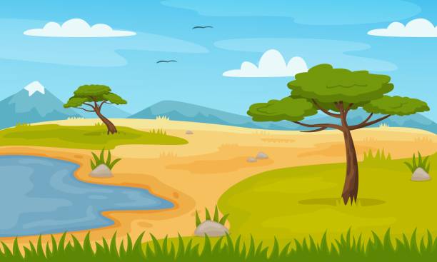 illustrations, cliparts, dessins animés et icônes de . dessin animé paysage de savane africaine avec des arbres et des montagnes. scène panoramique de champs de safari, zoo ou parc savane nature vectorielle illustration - savane africaine