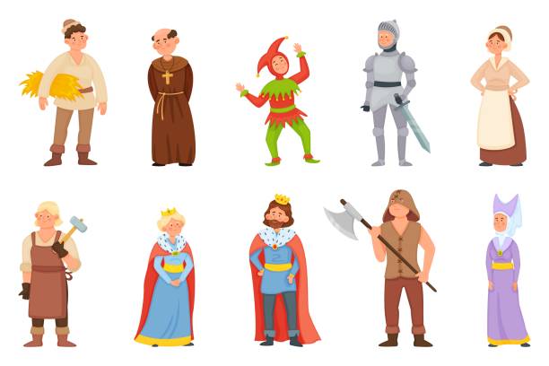 Cartoon historical medieval characters, king and queen, princess. Middle age knight, blacksmith, peasant, jester character vector set Cartoon historical medieval characters, king and queen, princess. Middle age knight, blacksmith, peasant, jester character vector set. Woman and man in old fairy tale or legend clothes fool stock illustrations