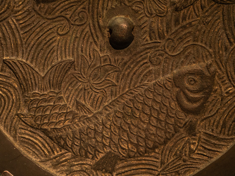Ancient Chinese Bronzeware whit Fish Pattern Close-up