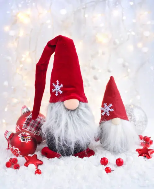 Christmas decorations cute figure gnomes with festive decorations Ð¾n the snow. Christmas or New Year greeting card.