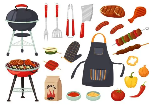 Vector illustration of Cartoon barbecue equipment, outdoor bbq picnic elements. Grilled steak and vegetables, barbecued food for summer grill party vector set