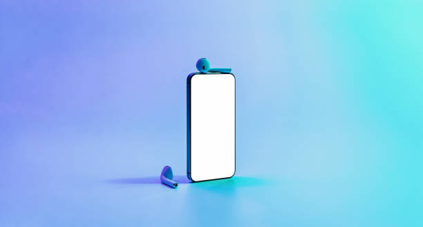 istock Screen mockup. Mobile smartphone technology blank screen. Mock up smart phone device, audio headphones on neon gradient banner. Game design, mobile application presentation or portfolio mockups. 1360680987