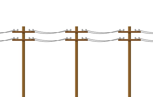 Electric pole isolated on white background. Wood power lines, Electric power transmission. Utility pole Electricity concept. High voltage wires, Vector illustration.