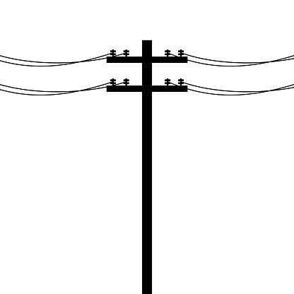 Electric pole icon isolated on white background. Power lines silhouette, Electric power transmission. Utility pole Electricity concept. High voltage wires, Vector illustration.