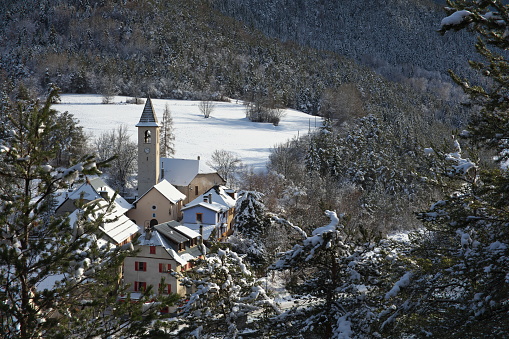 The center of the village of Uvernet-Fours in the Alpes-de-Haute-Provence in Ubaye.\nThis part of the village with its church \