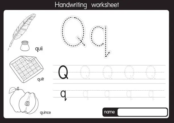 Vector illustration of Black and white vector illustration of  with alphabet letter Q Upper case or capital letter for children learning practice ABC