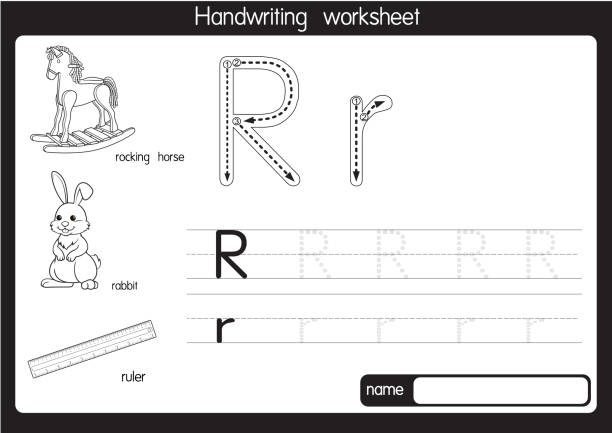 черно-белая векторная иллюстрация с буквой алфавита r прописная или �заглавная буква для детей обучающая практика abc - letter r alphabet alphabetical order backgrounds stock illustrations