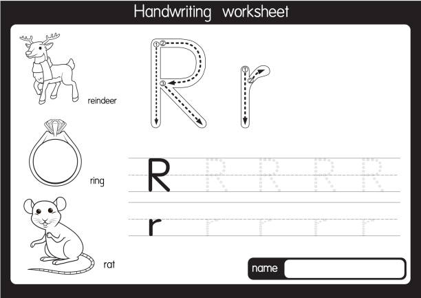 ilustrações, clipart, desenhos animados e ícones de ilustração vetorial em preto e branco com letra de alfabeto r maiúscula ou letra maiúscula para crianças aprendendo prática abc - letter r alphabet alphabetical order backgrounds