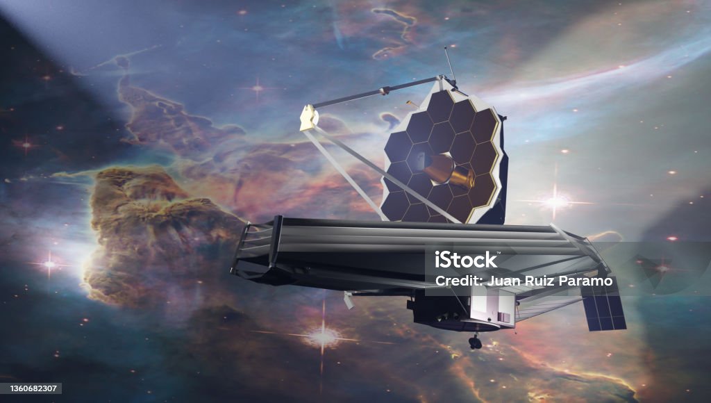 James Webb telescope in outer space. Elemets of thisd iamge furnished by NASA. 3d rendering. James Webb telescope in outer space. Elemets of thisd iamge furnished by NASA. 3d rendering https://www.nasa.gov/multimedia/imagegallery/index.html  software: blender James Webb Space Telescope Stock Photo