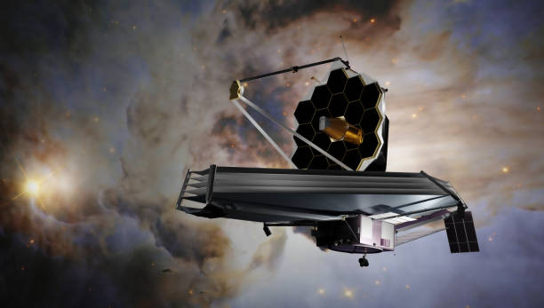 James Webb telescope in outer space on orbit of Earth. Planet surface and satellite. Elemets of thisd iamge furnished by NASA. 3d rendering