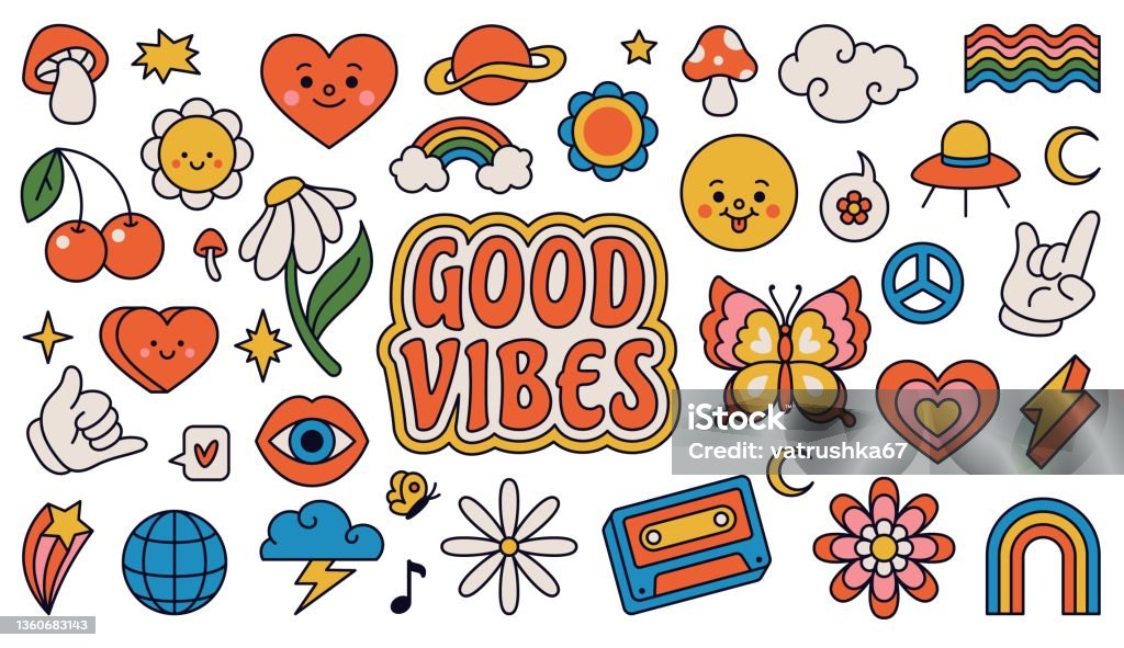 Ilustración de Elementos Groovy Retro De Los 70 Lindas Pegatinas Hippies Funky Flores De Margarita De Dibujos Animados Hongos Signo De Paz Corazón Arco Iris Conjunto Vectorial De Pegatina Hippie y más Ilustración de Elementos Groovy Retro De Los 70 Lindas Pegatinas Hippies Funky Flores De Margarita De Dibujos Animados Hongos Signo De Paz Corazón Arco Iris Conjunto Vectorial De Pegatina Hippie y más