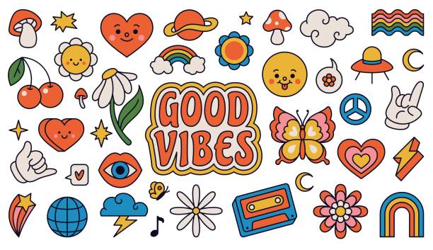 ilustraciones, imágenes clip art, dibujos animados e iconos de stock de elementos groovy retro de los 70, lindas pegatinas hippies funky. flores de margarita de dibujos animados, hongos, signo de paz, corazón, arco iris, conjunto vectorial de pegatina hippie - elemento de diseño ilustraciones