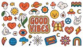 Retro 70s groovy elements, cute funky hippy stickers. Cartoon daisy flowers, mushrooms, peace sign, heart, rainbow, hippie sticker vector set
