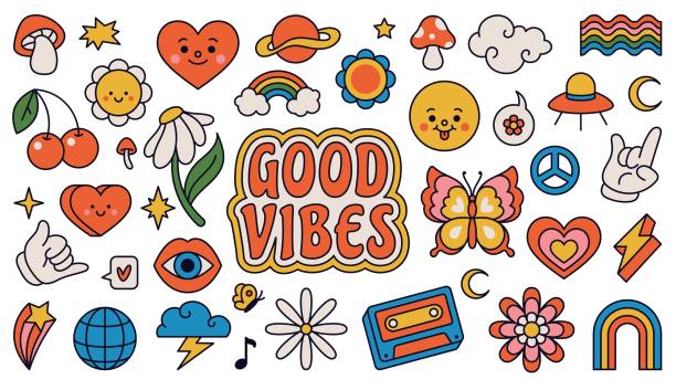 Retro 70s groovy elements, cute funky hippy stickers. Cartoon daisy flowers, mushrooms, peace sign, heart, rainbow, hippie sticker vector set Retro 70s groovy elements, cute funky hippy stickers. Cartoon daisy flowers, mushrooms, peace sign, heart, rainbow, hippie sticker vector set. Positive symbols or badges isolated on white cherry coloured stock illustrations