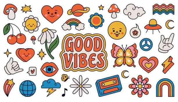 Vector illustration of Retro 70s groovy elements, cute funky hippy stickers. Cartoon daisy flowers, mushrooms, peace sign, heart, rainbow, hippie sticker vector set