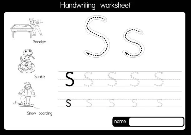 Vector illustration of Black and white vector illustration of  with alphabet letter S Upper case or capital letter for children learning practice ABC