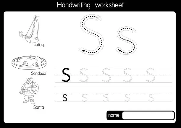 Vector illustration of Black and white vector illustration of  with alphabet letter S Upper case or capital letter for children learning practice ABC