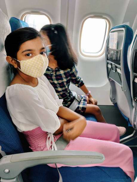 istock Girl wearing mask sitting in the flight 1360683309