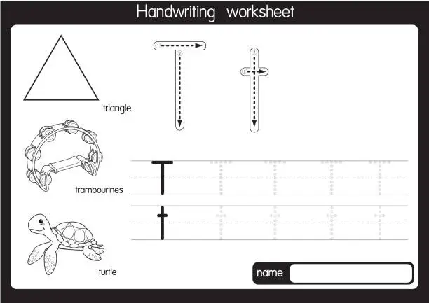 Vector illustration of Black and white vector illustration of  with alphabet letter T Upper case or capital letter for children learning practice ABC