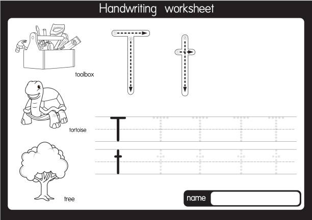 illustrations, cliparts, dessins animés et icônes de illustration vectorielle en noir et blanc de la lettre alphabétique t lettre majuscule ou majuscule pour les enfants apprentissage pratique abc - hand tool box white background work tool