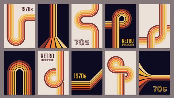 Vintage 70s geometric posters, abstract retro stripes backgrounds. Minimalist 1970s style color lines print or poster template vector set Vintage 70s geometric posters, abstract retro stripes backgrounds. Minimalist 1970s style color lines print or poster template vector set. Flowing wavy colorful paths for album cover 70s retro wallpaper stock illustrations