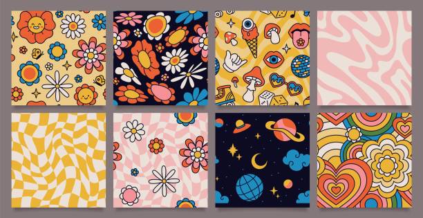 Retro 70s psychedelic seamless patterns, groovy hippie backgrounds. Cartoon funky print with flowers and mushrooms, hippy pattern vector set vector art illustration