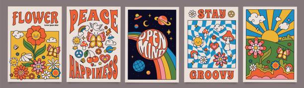 kuvapankkikuvitukset aiheesta 70-luvun groovy julisteet, retro-painatus hippielementeillä. sarjakuva psykedeelinen maisema sienillä ja kukilla, vintage funky print vektorisetti - hippie