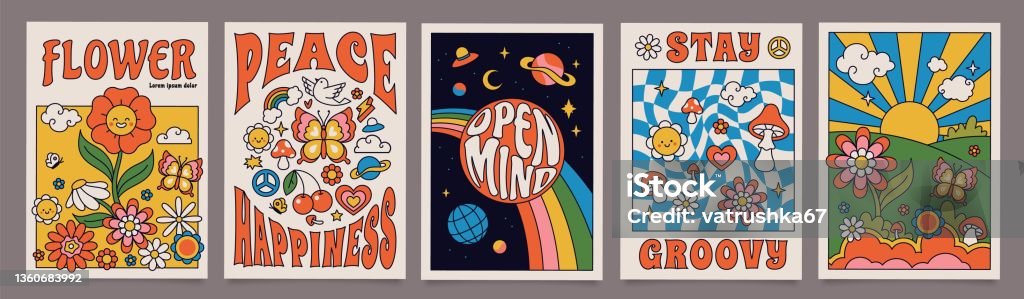 Affiches groovy des années 70, imprimé rétro avec des éléments hippies. Paysage psychédélique de dessin animé avec champignons et fleurs, ensemble de vecteurs d’impression funky vintage - clipart vectoriel de Style rétro libre de droits