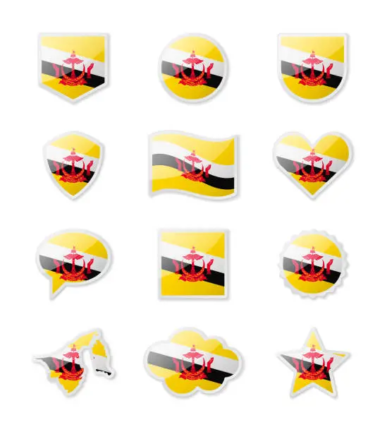 Vector illustration of Brunei - set of country flags in the form of stickers of various shapes.