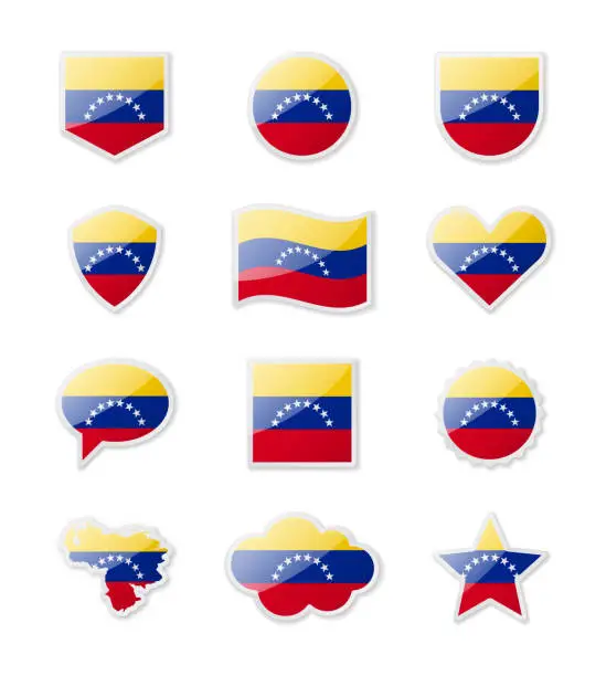 Vector illustration of Venezuela - set of country flags in the form of stickers of various shapes.