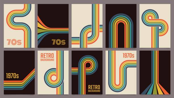 illustrazioni stock, clip art, cartoni animati e icone di tendenza di poster geometrici retrò anni '70, stampa di linee di colore arcobaleno vintage. poster di design a strisce groovy, set vettoriale di sfondo colorato astratto del 1970 - stile retrò