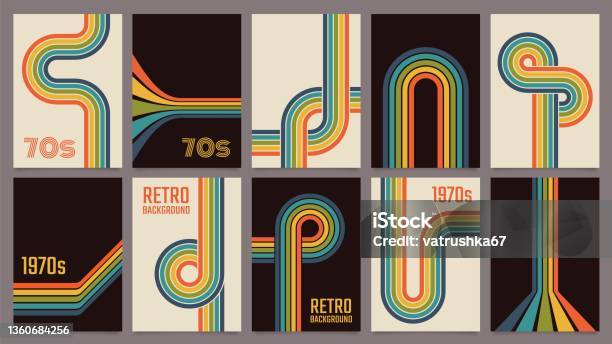 Retro 70s Geometric Posters Vintage Rainbow Color Lines Print Groovy Striped Design Poster Abstract 1970s Colorful Background Vector Set - Arte vetorial de stock e mais imagens de Estilo retro