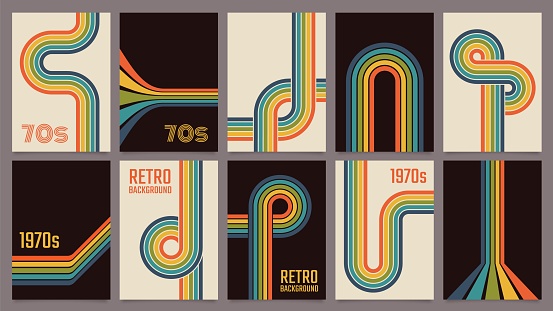 Retro 70s geometric posters, vintage rainbow color lines print. Groovy striped design poster, abstract 1970s colorful background vector set