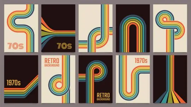 Vector illustration of Retro 70s geometric posters, vintage rainbow color lines print. Groovy striped design poster, abstract 1970s colorful background vector set