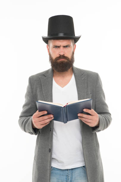 istock Dramatic look. Reading dramatic scenario. Bearded man read book isolated on white. Poetry reading. Inspirational book. Literature teacher. Books shop. Interesting story. Guy classic outfit read book 1360686242