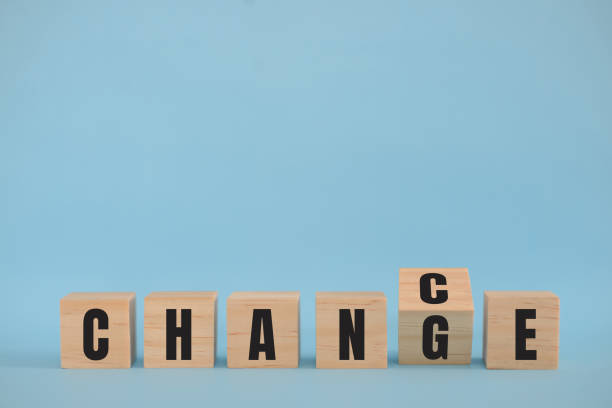 istock Wooden cube with flip over block CHANGE to CHANCE word on blue background. 1360688213