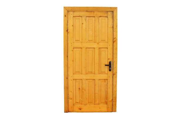 Old wooden door. Close-up. Front vertical view. The isolated object on a white background. Isolate.