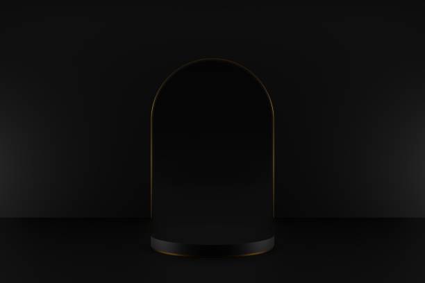 istock podium gold color with dark background . 3d illustration rendering 1360693086